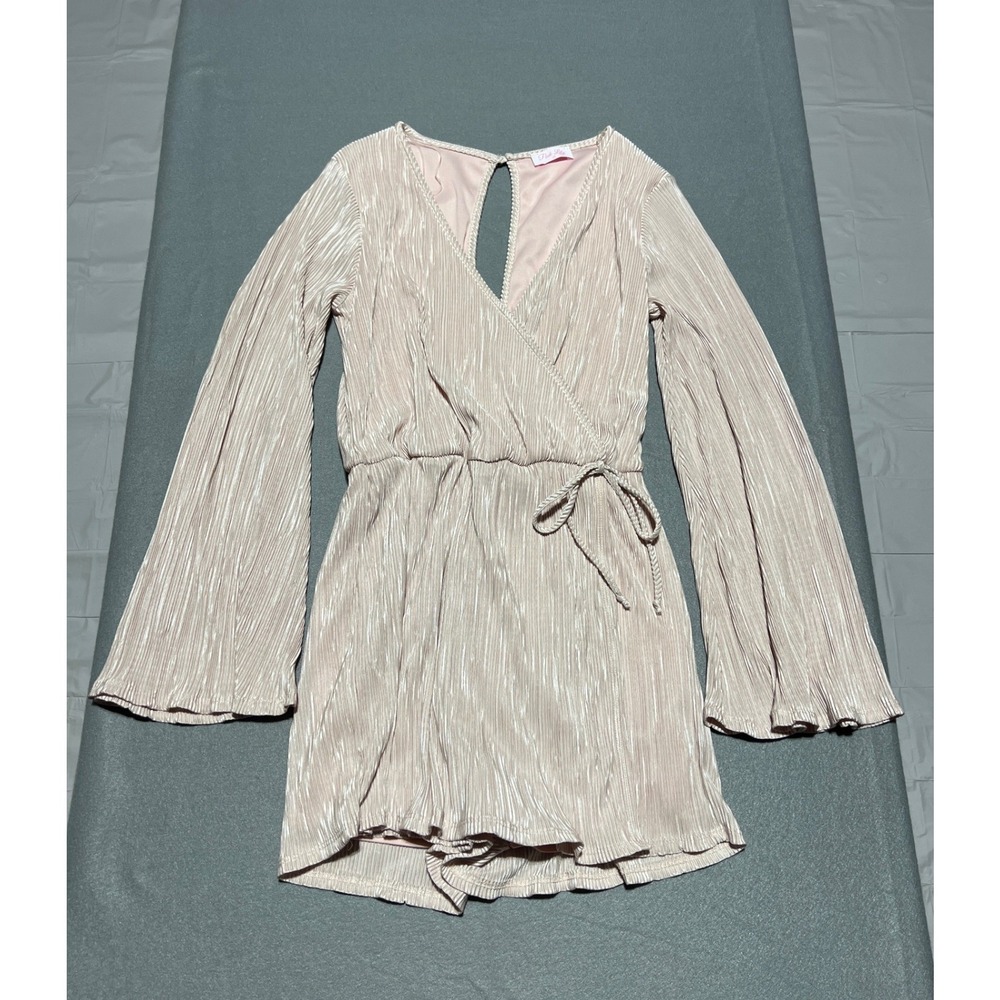 Pink Lily Blush Pink Pleated Bell Sleeve Wrap Romper KR72944-01GR Small